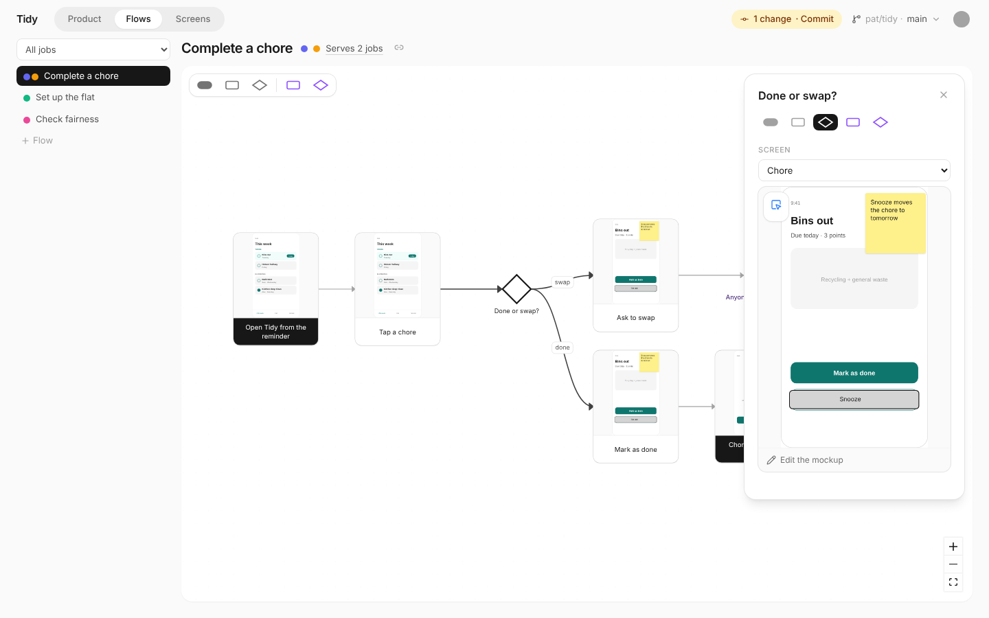 A decision in a flow, selected in Aligner: beside the flowchart, the screen it happens on, with its mockup.
