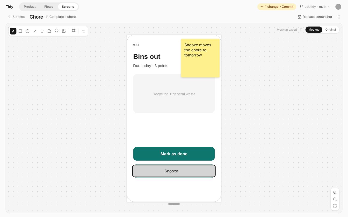 The mockup editor in Aligner: a phone screen with a sticky note and a new Snooze button drawn on it.