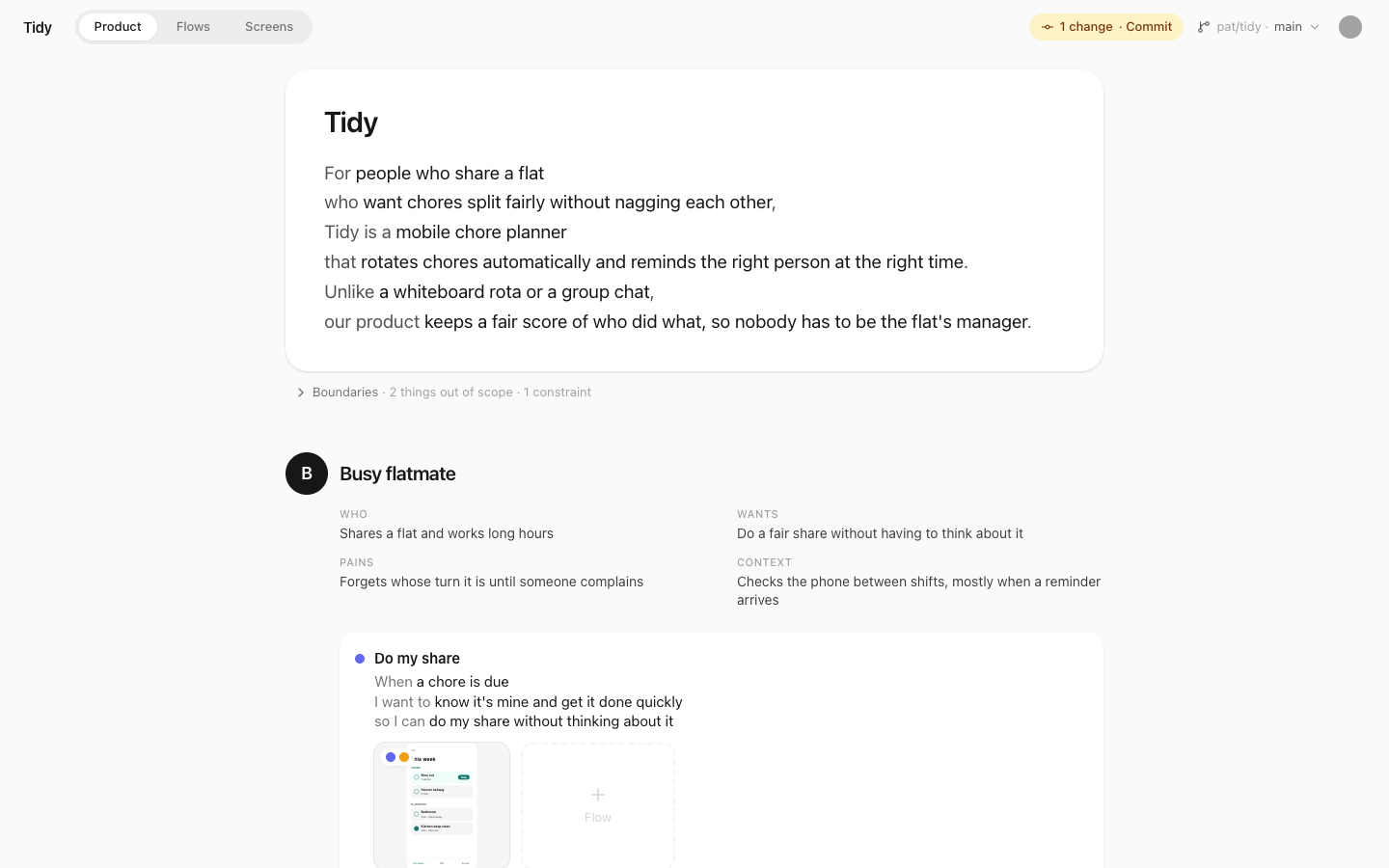 The Product page in Aligner: the vision of an example app, then a persona with their wants, pains and context, and a job with the flow that serves it.